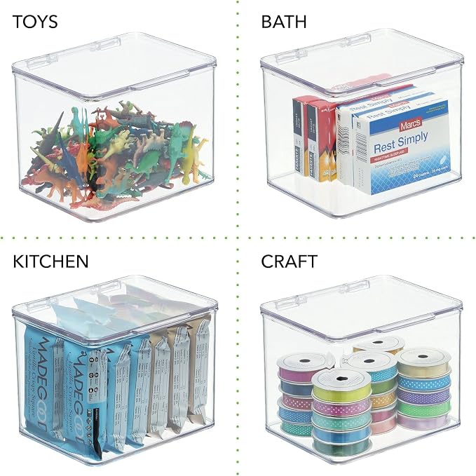 mDesign Small Plastic Home Office Storage Organizer Box Containers with Hinged Lid for Desktops - Holds Pens, Pencils, Sticky Notes, Highlighters, Staples, and Supplies - Clear