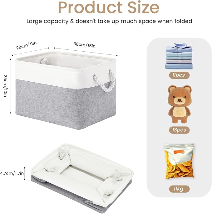 Large Storage Baskets- 15x11x10 inch Storage Bins for Shelves and Closet Organizing, Foldable Fabric Bin for Home Organization Clothes and Laundry (6-Pack, White&Gray)