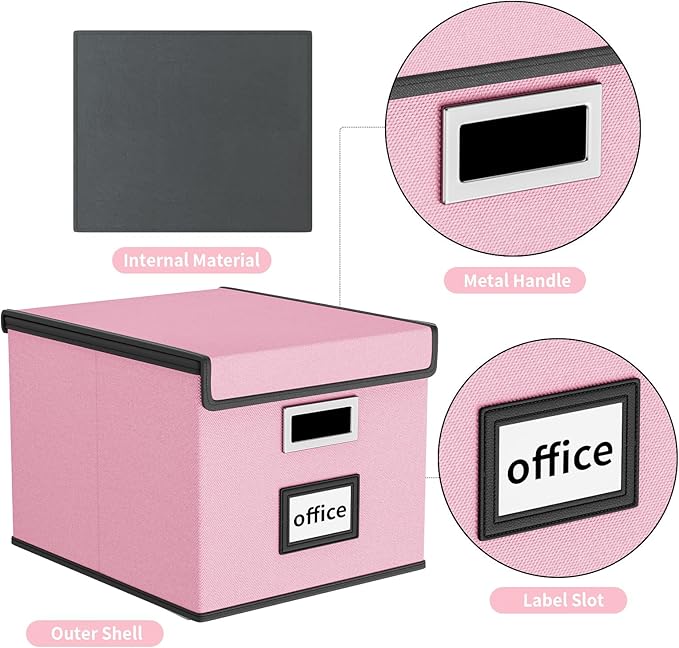 Huolewa File Organizer Box with Lid, Collapsible File Folder Organizer for Office Document Storage, Filing Box with Plastic Slide for Letter Size Hanging File Folders(1 Pack, Pink)