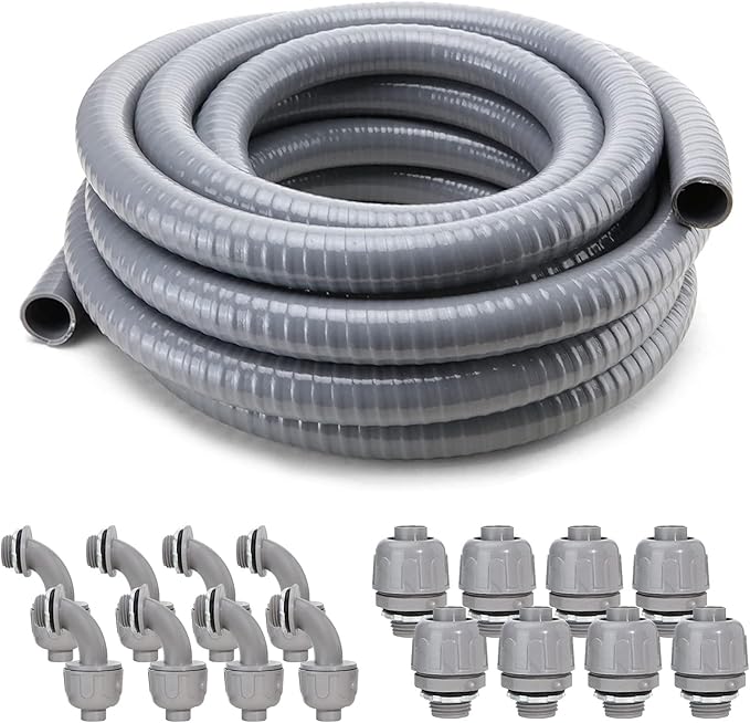 DWALE Liquid-Tight Conduit and Connector Kit,Flexible Non Metallic Liquid Tight Electrical Conduit,1/2inch 50ft Electrical Conduit Kit,with 8 Straight and 8 Angle Fittings Included,1/2 in. Dia
