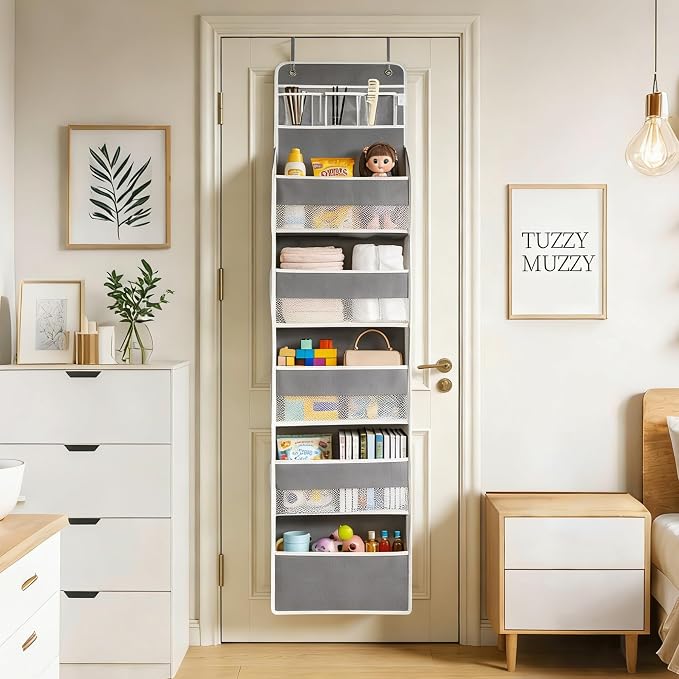 Over the Door Organizer, Door Storage Organizer with Large Capacity Pockets, Hanging Shelves for Bedroom, Closet, Dorm, Pantry (Grey, 6-Tier)