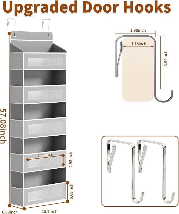 AQOOA 5-Tier Over The Door Organizer, Over the Door Storage 5 Large 10 Side Pockets 44 lbs Load Behind Door Storage, Closet Door Organizer Hanging Shelf for Bathroom Bedroom Nursery, Grey