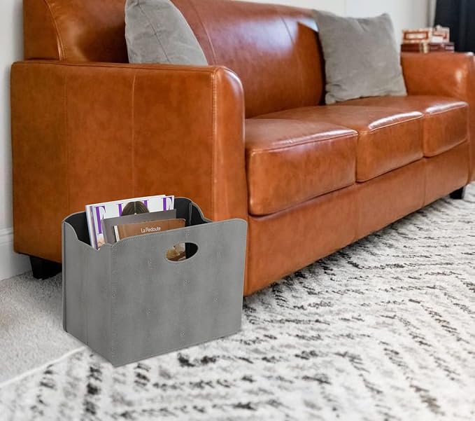 HofferRuffer Magazine Basket Holder, Foldable Magazine Rack, Document File Holder Organizer, File Folder, Newspaper Storage Bin Organizer for Home or Office (Dark Grey Shagreen)