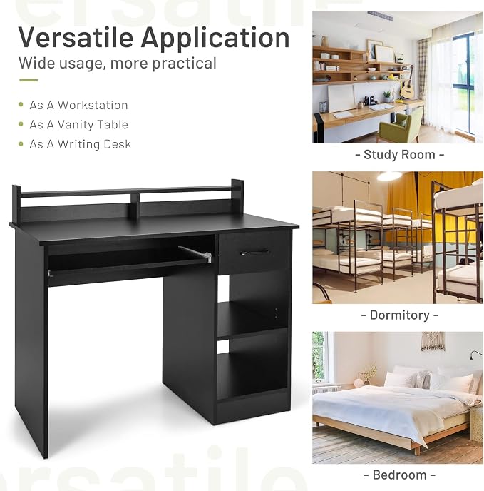 Tangkula Computer Desk with Drawer & Keyboard Tray, 22 Inch Wide Modern Study Writing Desk with Desktop Hutch & Storage Shelves, Home Office Desk for Kids, Wood PC Laptop Desk, Desk for Bedroom