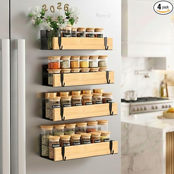 (4 Pack) Magnetic Spice Storage Rack Organizer for Refrigerator and Oven, 4 Strong Magnetic Shelf, Black Fridge Storage, Spice Rack Organizer, Metal-Bamboo