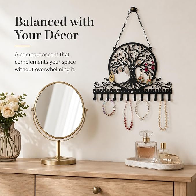 Personalized Tree of Life Wall Mounted Jewelry Organizer Metal Earring Holder Necklace Display Rack Decorative Jewelry Storage Hanger Space Saving Wall Decor for Bedroom Vanity Room Gift for Women