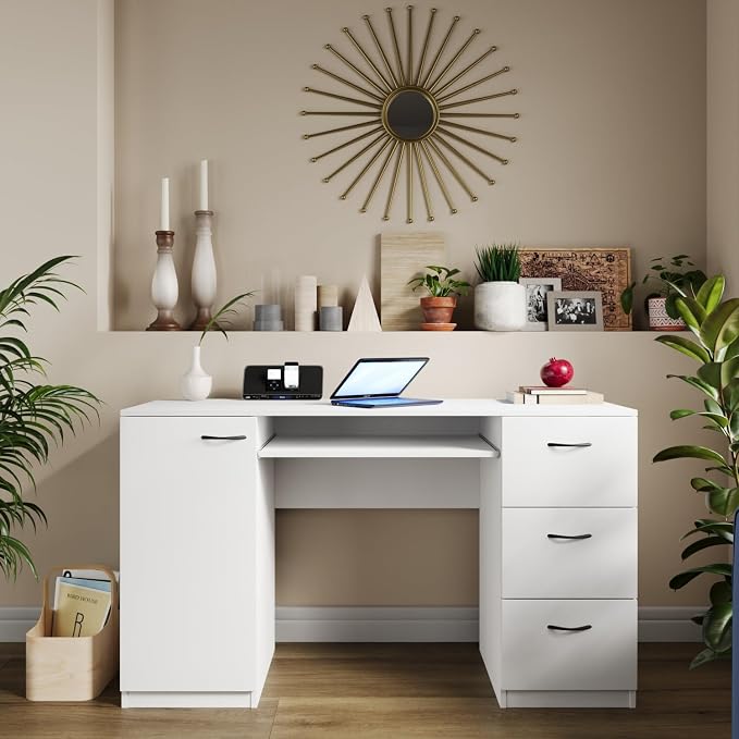 Modern Computer Desk with 3 Drawers & Storage Cabinet – Small Office Desk with Slide-Out Keyboard Tray – Professional Home Office Desk & Small Work Desk for Writing (Modern White)