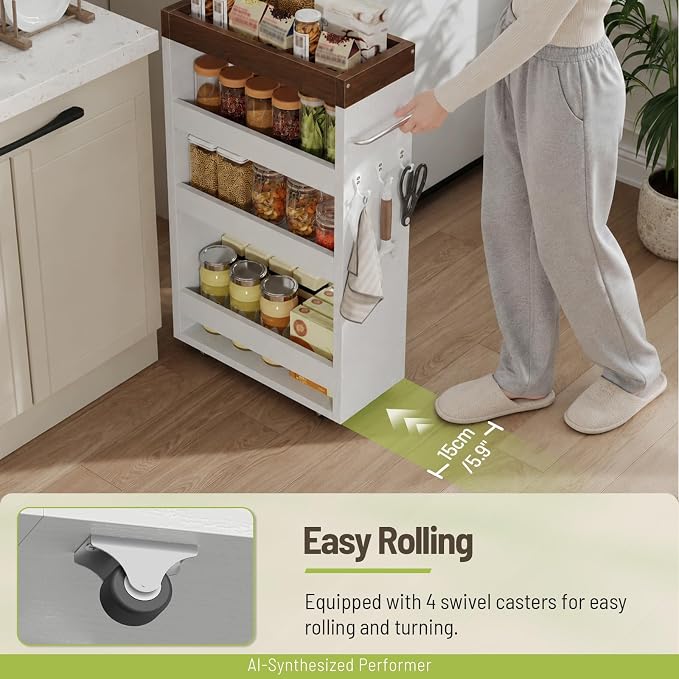 Slim Storage Cart, 4-Tier Rolling Utility Cart with Handle | Slide Out Organizer Trolley, Space Saving Narrow Shelf for Kitchen, Bathroom, Laundry Small Corners