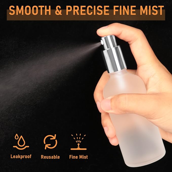 AuroTrends 3.4oz Frosted Glass Spray Bottles 2-Pack with Silver Caps | Empty Perfume Atomizers,Refillable Fine Mist,with Dropper & Stickers,for Travel,Face,Body,Hair,DIY Scents,Hydrating Spray