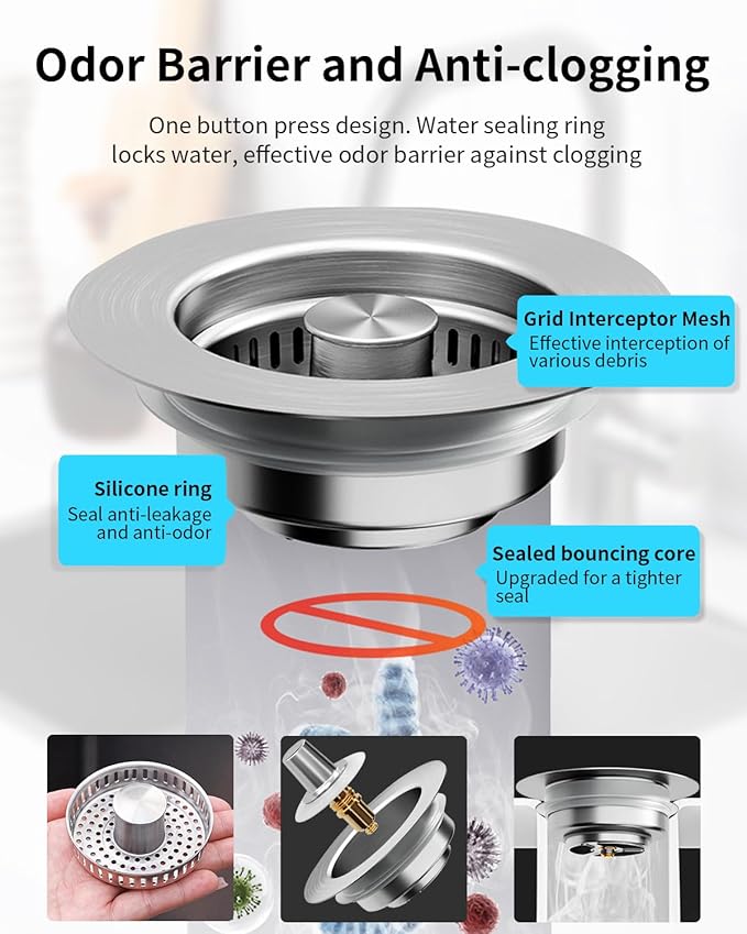 3 in 1 Kitchen Sink Drain Strainer [304 Stainless Steel Pop Up] Anti-Clogging Kitchen Sink Drain Stopper Stainless Steel Drainage Odor Filter Sink Plug for Us Standard 3-1/2 Inch (2 Pack)