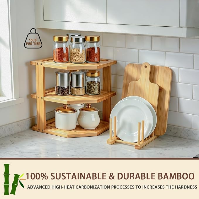 Bamboo Plate Organizer for Cabinet Set,3 Tier Corner Shelf & Plate Holder | Space Saver Wooden Dish Racks, Vertical Cabinet Organizer Shelf for Kitchen Pantry RV Dishes,Bowls,Mugs,Spice,Cups,Lids,1 Set