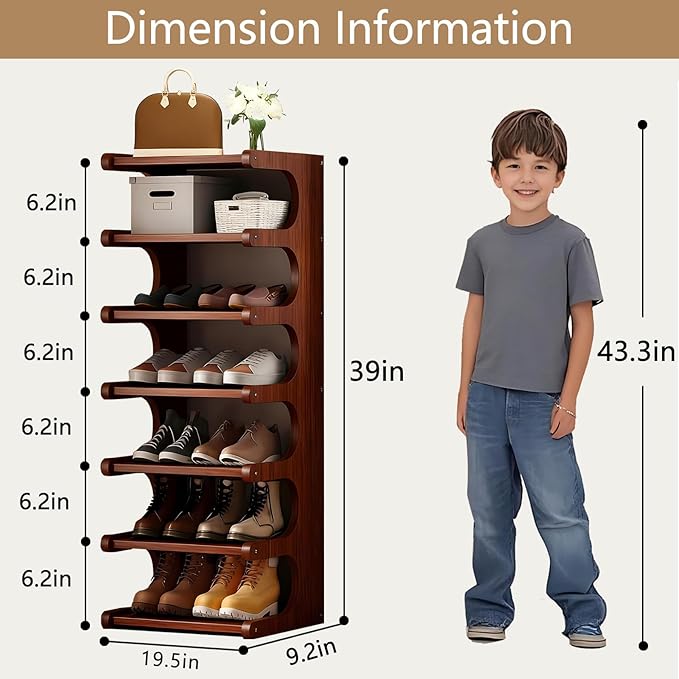 7-Tier Vertical Shoe Rack, Bamboo Free Standing Shoe Rack Shelf, Shoe Storage Stand, Entryway Shoe Tower, Vertical Shoe Organizer for Narrow Closet, Entryway, Hallway