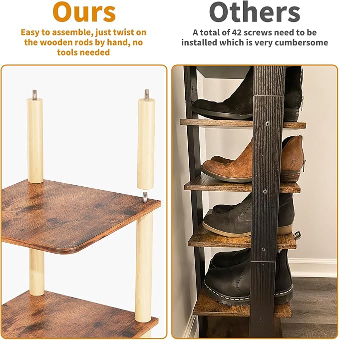 8 Tiers Vertical Shoe Rack, Tall Narrow Shoe Tower, Corner Shoe Rack, Brown | Small Shoe Organizer for Entryway, Closet, Dorm & Small Spaces, Freestanding Wooden Shoe Shelf for Boots, Sneakers, Heels.