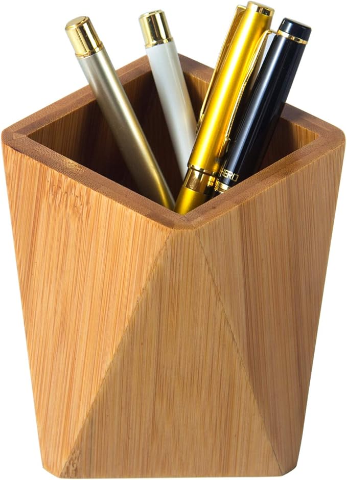 Bamboo Wood Pen Holder Stand for Desk Geometric Pencil Cup Pot Cute Desktop Office Supplies, Makeup Brushes Organizer (Bamboo)