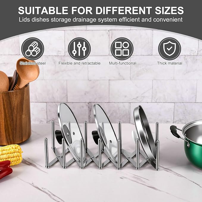 Astero Retractable Stainless Steel Pot Lid Organizer, Adjustable Lid Holder Rack for Cabinet or Countertop, Space-Saving Kitchen Storage for Lids, Plates and Cookware