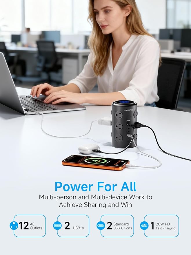 Tower Power Strip with 1 Dedicated PD 20W Fast-Charging Port, 12 Outlets, 5 USB Ports (3 USB-C), Desk Charging Station for Multiple Devices,15FT Extension Cord (Black)