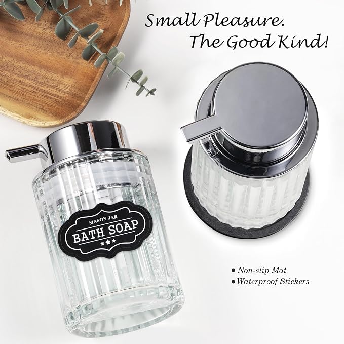 Amolliar Foaming Soap Dispenser, Plastic Pump Clear Glass Soap Dispenser, 8OZ Refillable Hand Soap Dispenser for Bathroom, Kitchen, Bath, Soap Pump Bottle for Liquid or Lotion Dispenser(Silver 2 Pack)