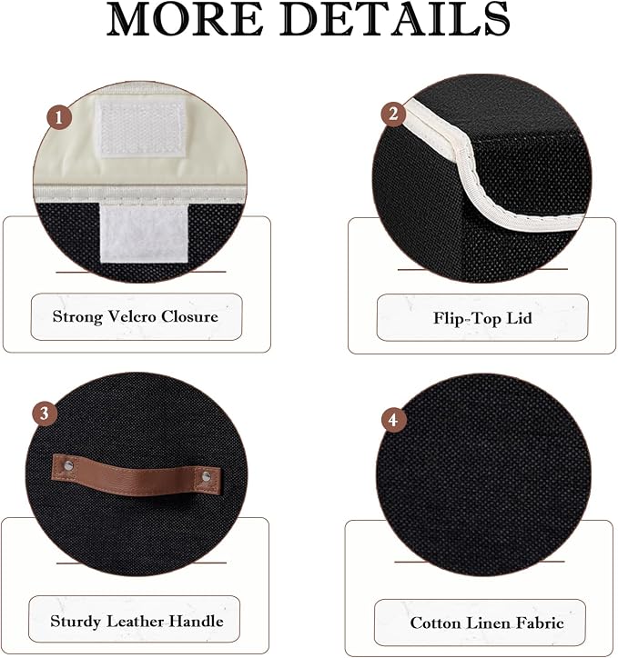 Collapsible Storage Boxes Baskets with Lid Cotton Linen Fabric Storage Bins with Faux Leather Handles Decorative Washable Cube Organizer Container for Home Closet Bedroom (Black, Small Size)