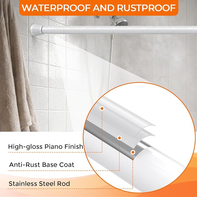 Tension Curtain Rod 28-48 Inch 7/8" Diameter, Adjustable No Drilling Rustproof White Spring Loaded Curtain Rods for Window, Doorway, Bathroom, Closet, Kitchen, Shower Stall
