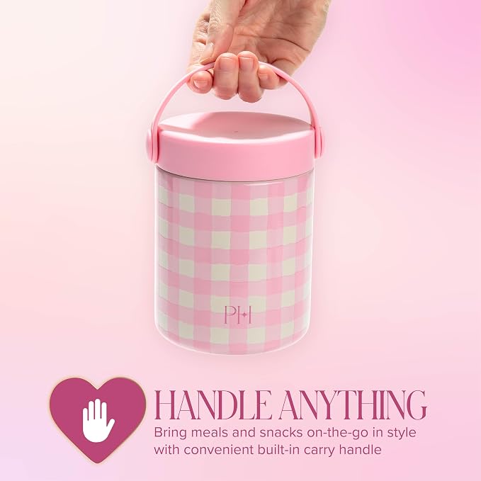 Paris Hilton Limited Edition Gingham Insulated Food Jar, Stainless Steel Vacuum Insulated Food Container with Folding Carry Handle, Leak-Proof Lid, 15-Ounce, Pink