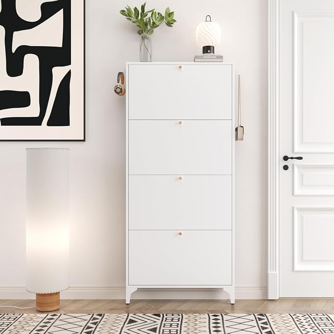 Shoe Cabinet with 4 Flip Drawers-Metal Narrow Shoe Rack for Entryway,Hallway,Living Room-Hidden Metal Shoe Cabinet-Freestanding Shoe (4 Door Width 27.56, White)