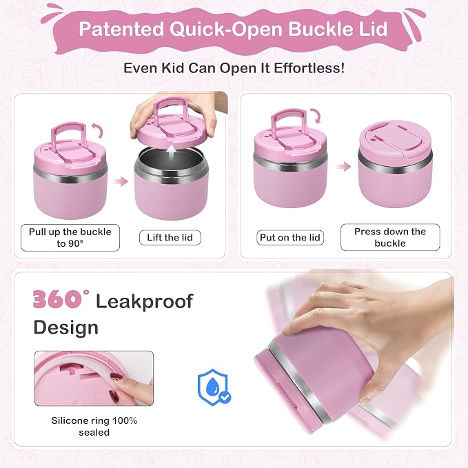MAXSO 14oz Vacuum Insulated Food Jar with Spoon Buckle Lid, Kids Soup Thermo for Hot Food Wide Mouth Leakproof Stainless Steel Lunch Container - Pink