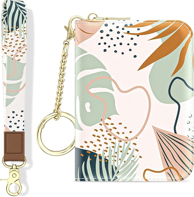 Aiawoxc Credit Card Holder, Small RFID Wallet Slim Leather Card Organizer Case with Zipper and Wristlet Strap, Boho Leaves