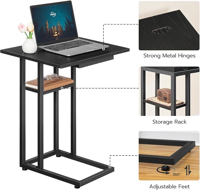 HOOBRO Foldable C Shaped End Table, C Shaped Side Table with Storage Shelf, Small Snack Table, Slide Under Couch Table for Sofa, Living Room Bedroom Small Spaces Easy Assembly, Black BK29SF01