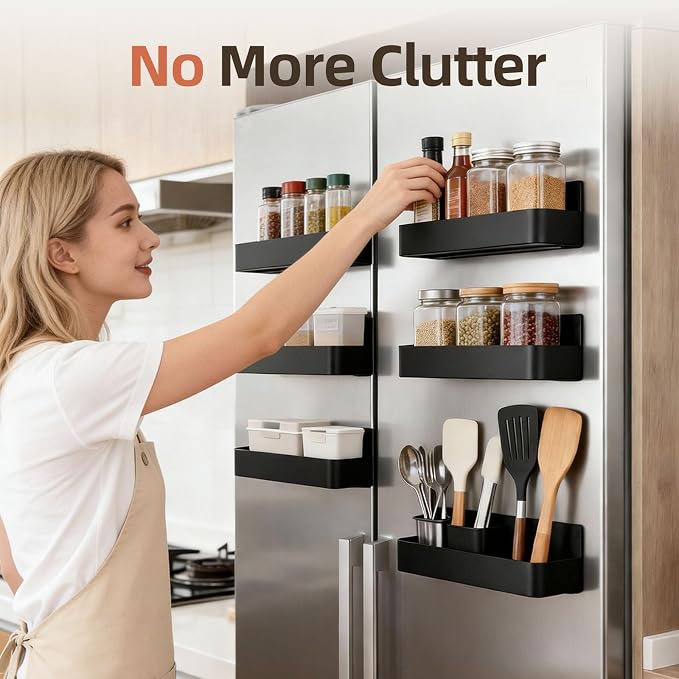 1 PACK Magnetic Spice Rack for Refrigerator Black Space Saving Storage Organizer with Rust Resistant Material Strong Magnetic Design Perfect for Small Kitchens (BLACK, 1PACK)