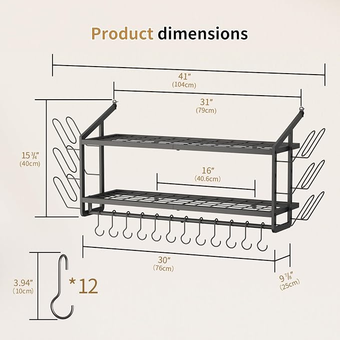 30"Pot Rack Wall Mounted with 6 Pot Lid Holders,12 Hooks for Hanging Pans | 2 tier black heavy duty metal shelves for pots and pans organizer,200lbs capcity, space saving for apartment, neat countertop