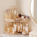 2-Tier Corner Bathroom Counter Organizer with Makeup Brush Holder, Gold | Large Makeup Organizers for Vanity, Corner Bathroom Countertop Organizer for Cosmetic Perfume Skincare Storage