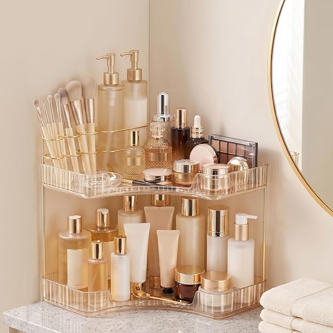 2-Tier Corner Bathroom Counter Organizer with Makeup Brush Holder, Gold | Large Makeup Organizers for Vanity, Corner Bathroom Countertop Organizer for Cosmetic Perfume Skincare Storage