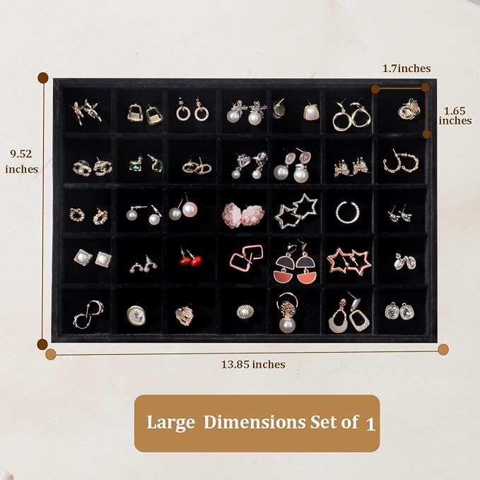 Large Jewelry Organizer for Drawer Insert Velvet Stackable Jewelry Trays for Earring Necklace Bracelet Ring Display (Black, 35 Grids)
