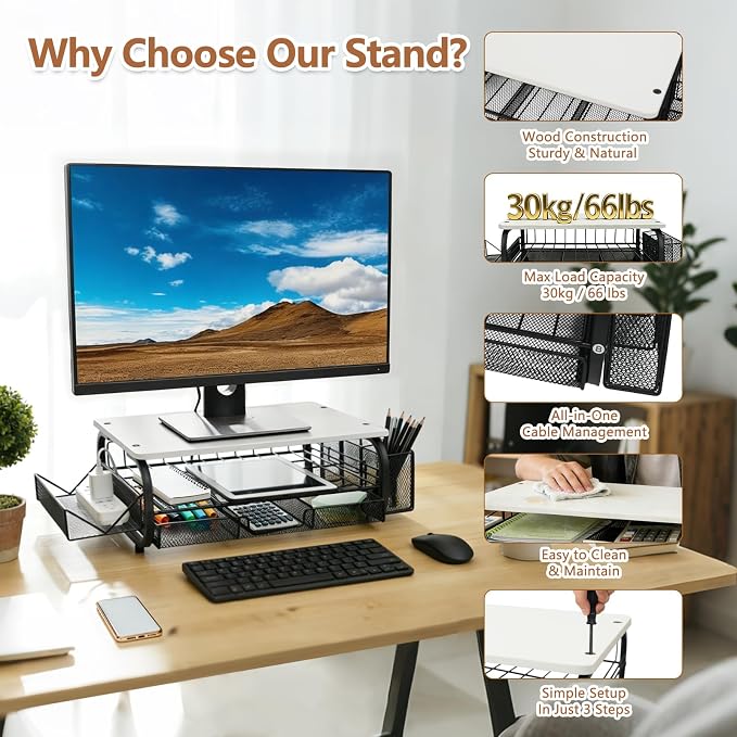 Desk Organizers and Accessories Monitor Riser, Monitor Stand with Drawer (2-Tier Drawers) with Large Side Storage Rack & Cable Management,66LBS/30KG, Office Organization, White