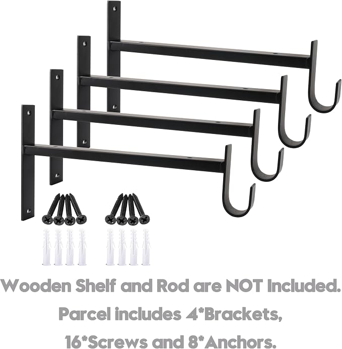 AddGrace Closet Rod Bracket Heavy Duty Shelf Brackets Black 6 Inch 4 Pack | Fit for Closet Wardrobe Laundry Room and Kitchen, with Hook, Store Above and Hang Below, Supports 66 lbs, Easy to Install