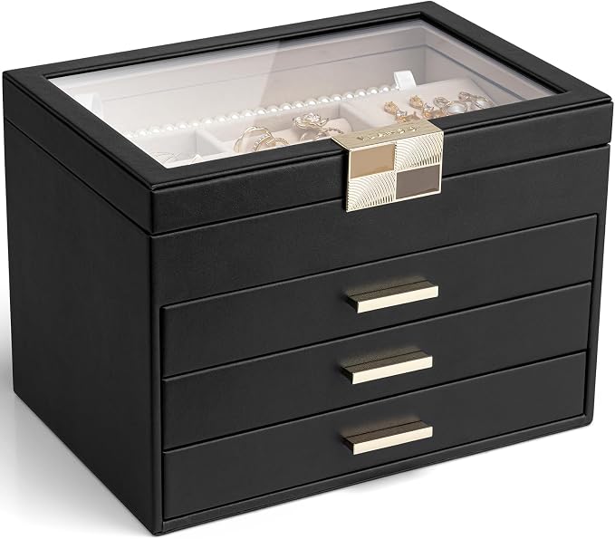 VLANDO Jewelry Box Organizer for Women, 4-Layer Jewelry Storage Case with Glass Lid, Gold Handle, 3 Drawers for Rings, Earrings, Necklaces and Bracelets - Black