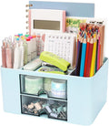 Meiikun Plastic Pen Organizer, Multifunctional Desk Organizer with 2 Drawers, 4 Compartments & a Top Tray, Pencil Holder Desktop Organizers and Accessories for Office, 7.7" x 5.5" x 3.9" (Blue)