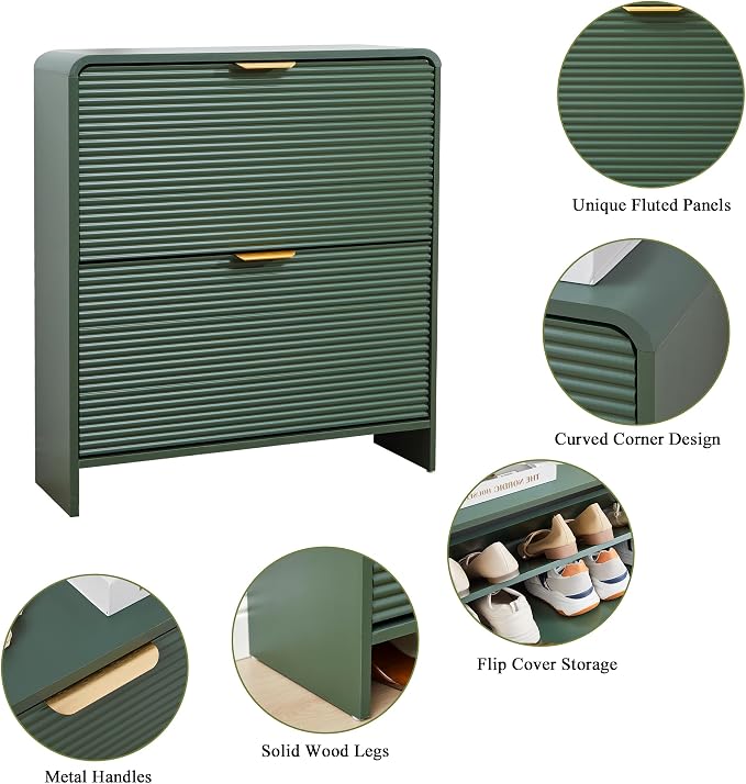 RARZOE Fluted Shoe Cabinet Storage for Entryway, 29.5'' Green | Curved Shoes Storage Cabinet with 2 Flip Drawers, Narrow Hidden Shoe Organizer Shoe Rack For Bedroom, Foyer, Hallway