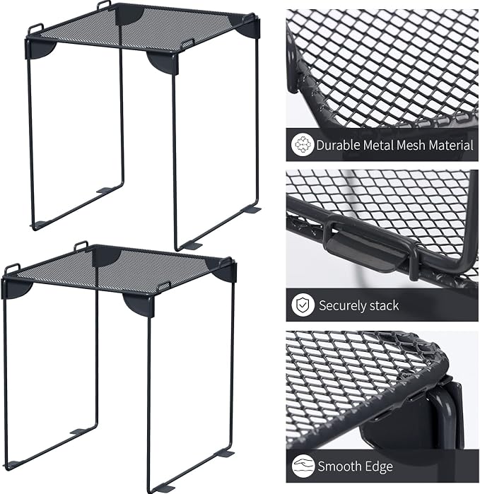 Neudeco Pack 2 Mesh Locker Shelf, Grey | Stackable, Extra Tall, Collapsible, Metal Build, Fits Standard Size School Locker