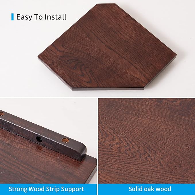 Corner Shelves Wall Mount, Set of 2 Solid Oak Wood Floating Corner Shelves with Wire Hole Display Shelf with Wire Hole Small Plant Display for Kitchen Living Room Bedroom