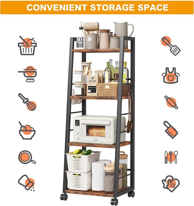 Homeiju 4 Tier Kitchen Storage Cart with Lockable Wheels & 6 Hooks, Mobile Utility Organizer Rolling Cart for Small Spaces, Bar Cart for Kitchen and Living Room, Rustic Brown