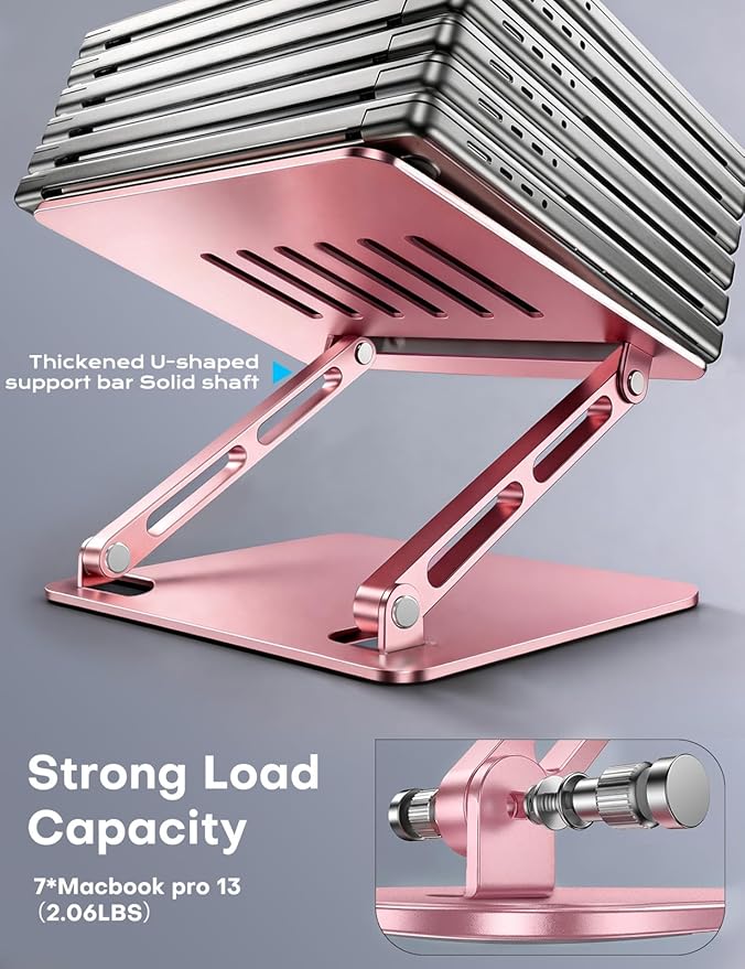 LOXP Aluminum Laptop Stand, Adjustable Laptop Stand for Desk Foldable | Portable Laptop Riser, Ergonomic Computer Notebook Holder for Desk, Office Desk Accessories (10-15.6'') - Pink