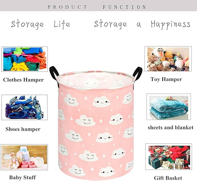 KUNRO Round Laundry Gift Basket Storage Hamper, Clothes Storage Organizer Bins, Shelf Basket with Handles for Room Decor (Smile)