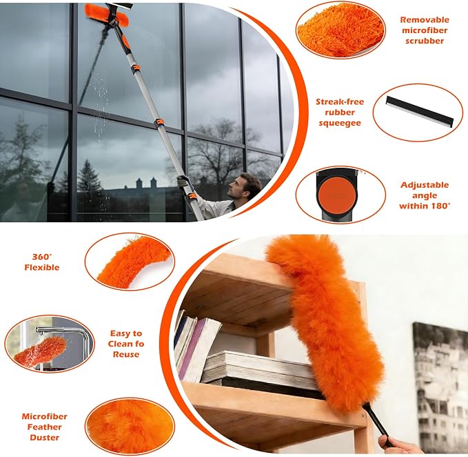16FT Reach High Ceiling Duster Kits with 3-12FT Adjustable Pole - Includes Extra Long Duster, High Ceiling Duster, Rotatable Window Squeegee & Cobweb Duster for Ceiling Fans and Whole House Cleaning