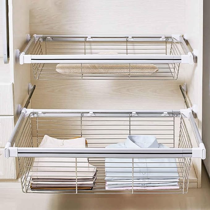 Pull Out Storage Basket with Runners,Metal Under Shelf Storage Basket,Stackable Storage Bins,Adjustable Width 370-970mm,40kg Weight Capacity(White,Width570-620mm)