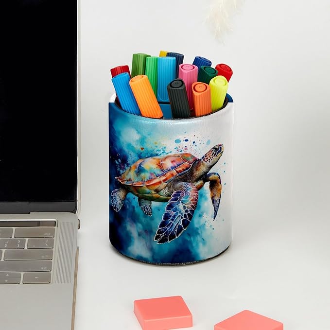 Watercolor Turtle Pen Holder Pencil Organizer for Desk, 3.1” x 3.1” x 3.9” Pencil Cup Office Supplies, Large Capacity Cute Pen and Makeup Brush Holder for Home, School, Desktop