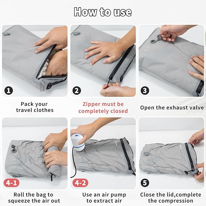 4 Set Vacuum Bags for Travel, Professional Reusable Organizer Bag with IPX8 Waterproof Zipper, Compression Bag for Suitcases, Durable Seal Space Saver Bags (with pump)