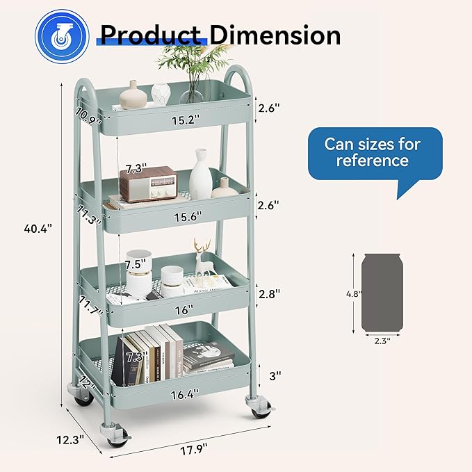 NEWBULIG 4-Tier Metal Rolling Cart with Lockable Wheels, Heavy Duty Mobile Utility Storage Shelf, Roller Book Snack Cart, Green