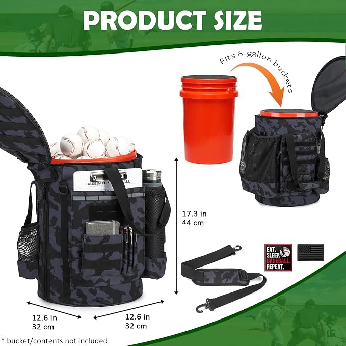 Baseball Bucket Bag, Softball Coaches Bags Fit 6 Gallon Buket | Baseball Coaching Accessories Organizer with Anti-Slip Bottom & Multiple Pockets for Bat, Gloves, Scoreboards