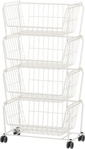 PUSDON 4-Tier Large Stackable Wire Storage Baskets with Wheels, Metal Rolling Utility Cart Organizer, Produce Basket for Kitchen Pantry, Floor Shelf, Classic White